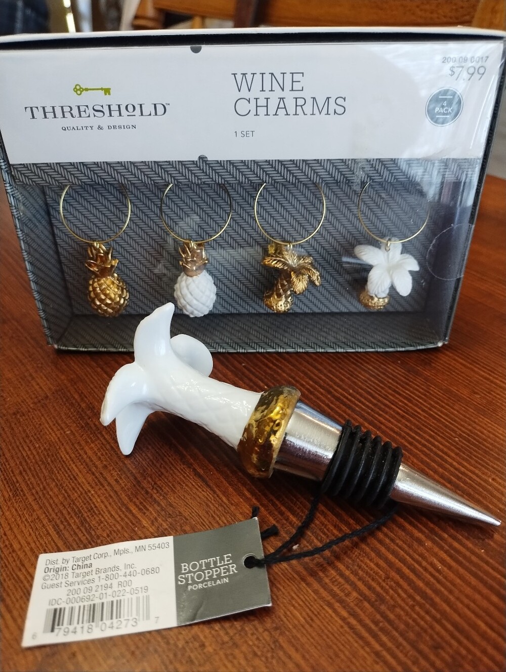 Threshold Tropical Wine Charms Set + Porcelain Bottle Stopper – Pineapple & Palm